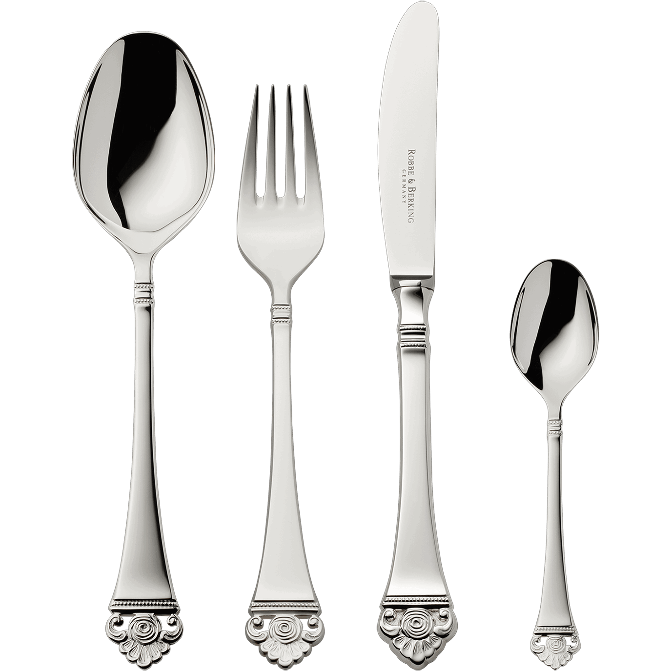 Robbe & Berking "Rose Pattern" Dinner Set 24-pcs silver plated with gold accents