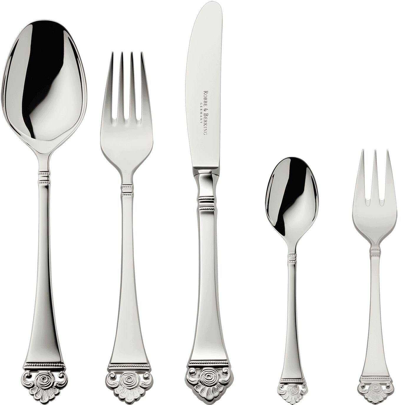 Robbe & Berking "Rose Pattern" Dinner Set 30-pcs silver plated with gold accents