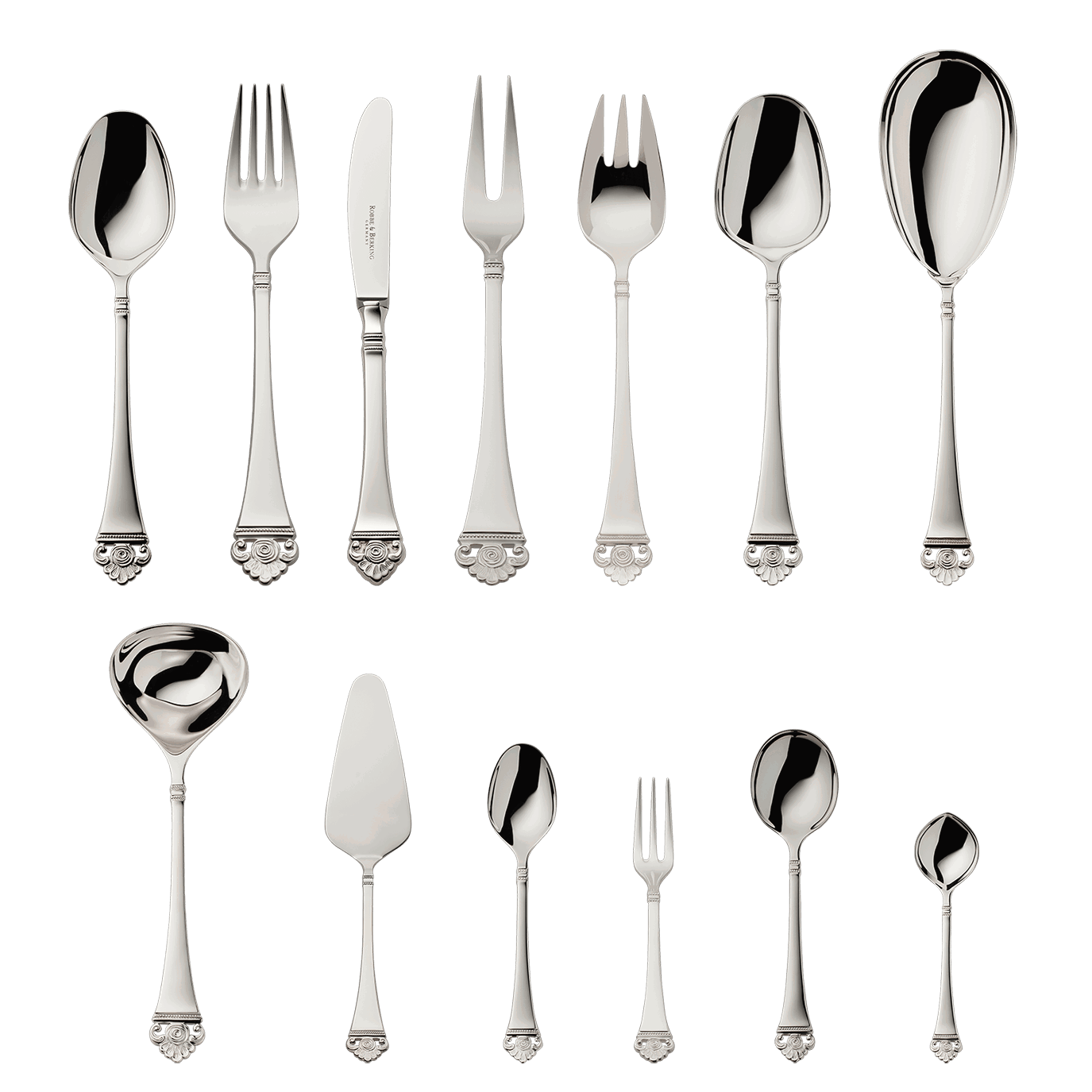 Robbe & Berking "Rose Pattern" Dinner Set 69-pcs silver plated with gold accents