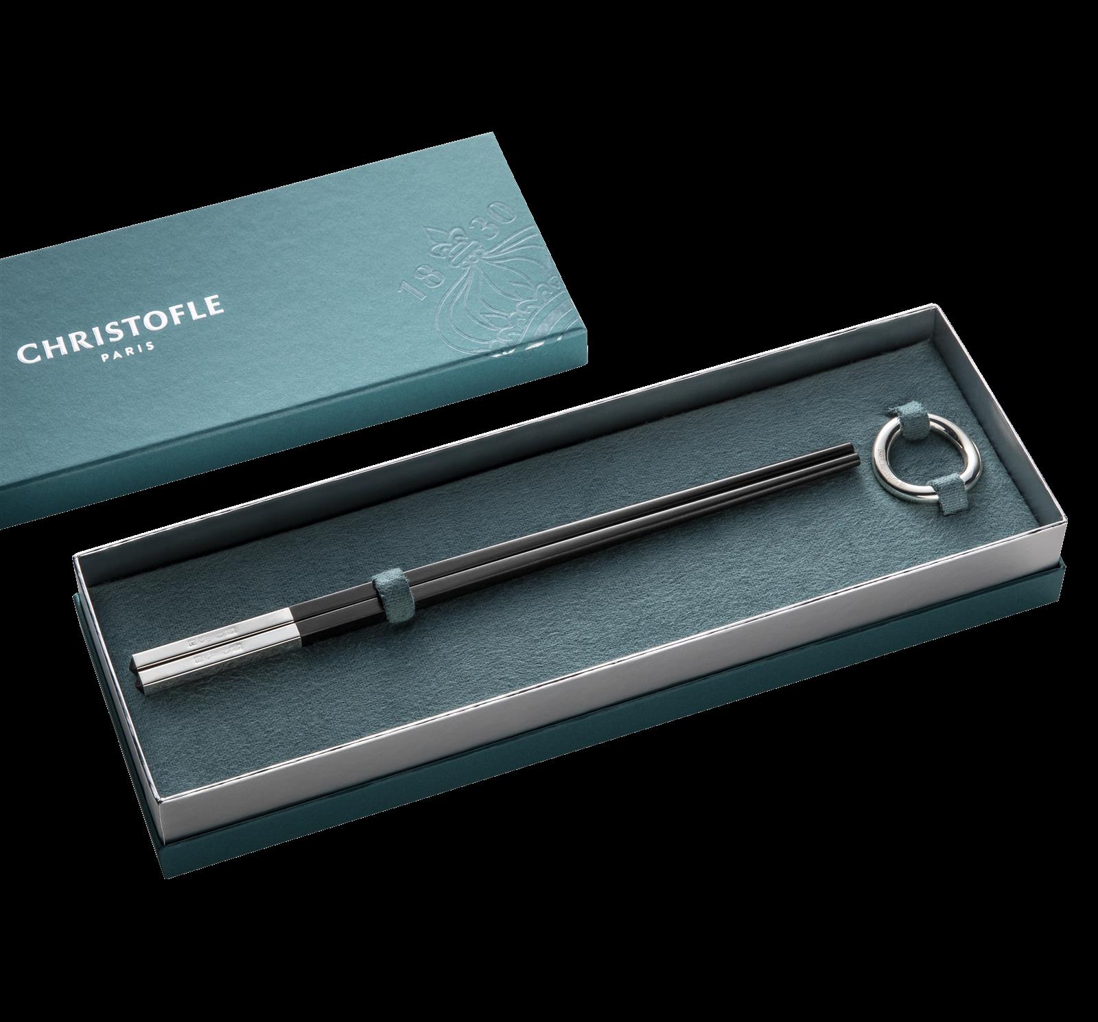 Christofle "Vertigo" Pair Chinese Chopsticks with chopstick rest black silver plated