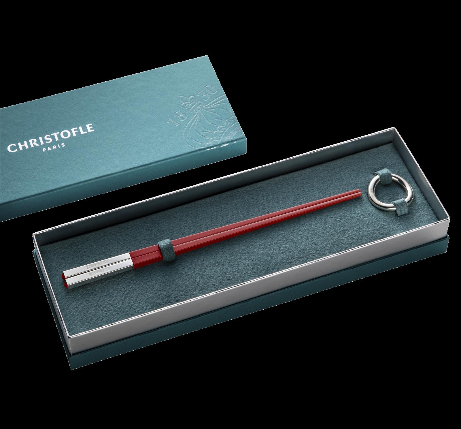 Christofle "Vertigo" Pair Chinese Chopsticks with chopstick rest red silver plated